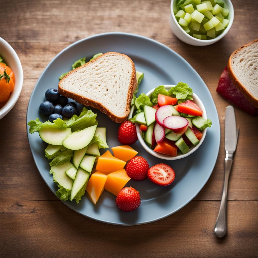 Healthy lunch plate with vegetable salad, fruit and sandwich AI