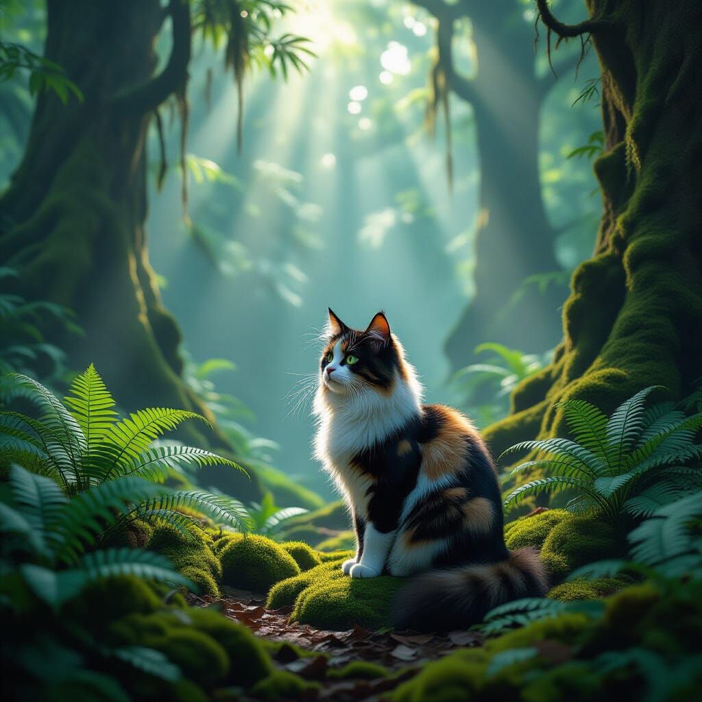 Calico Cat in Ancient Forest Digital Matte Painting