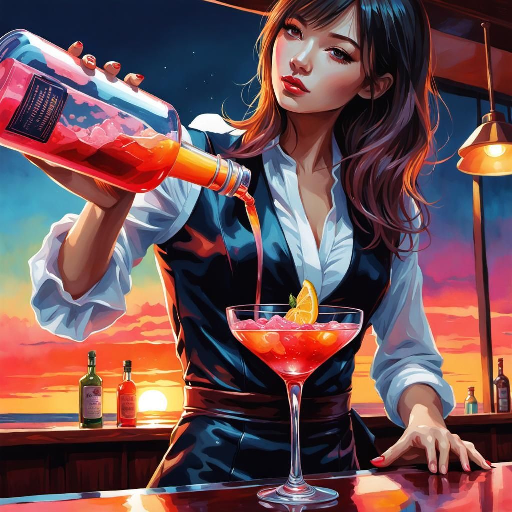 A Female Bartender Pouring from A Bottle  by @Naripan LSL