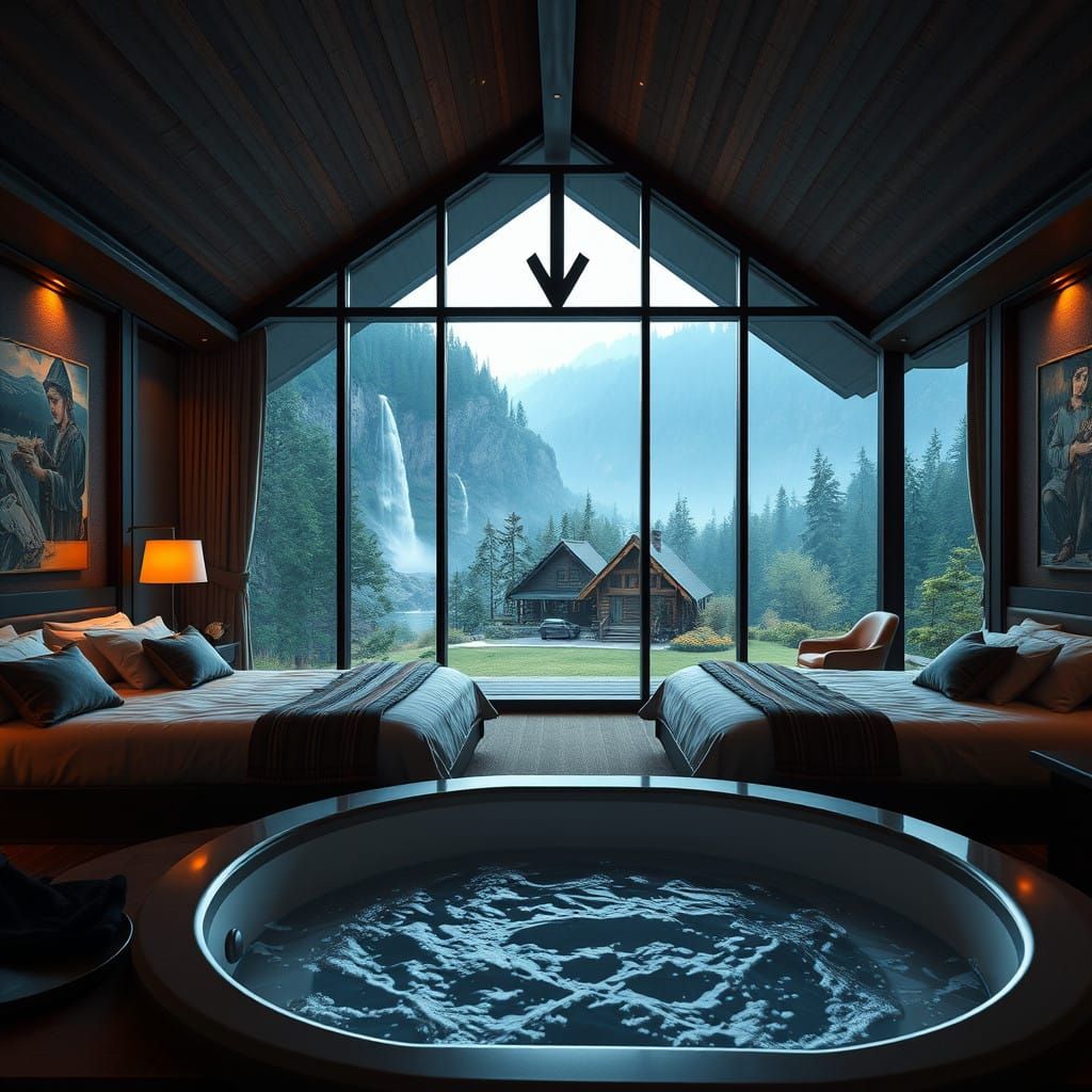 Luxurious Forest Resort Room with Plush Beds and Breathtakin...