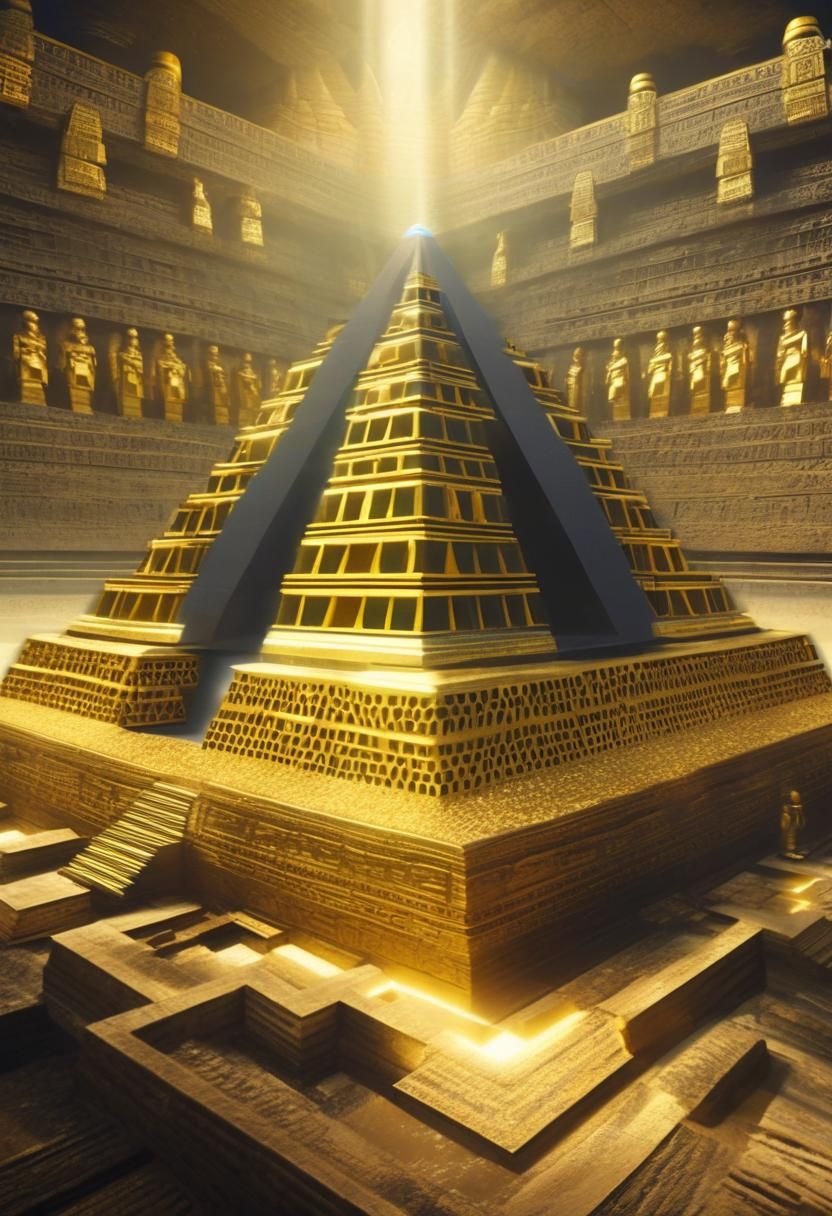 golden pyramid, gold statues, underground, floating, magical energy
