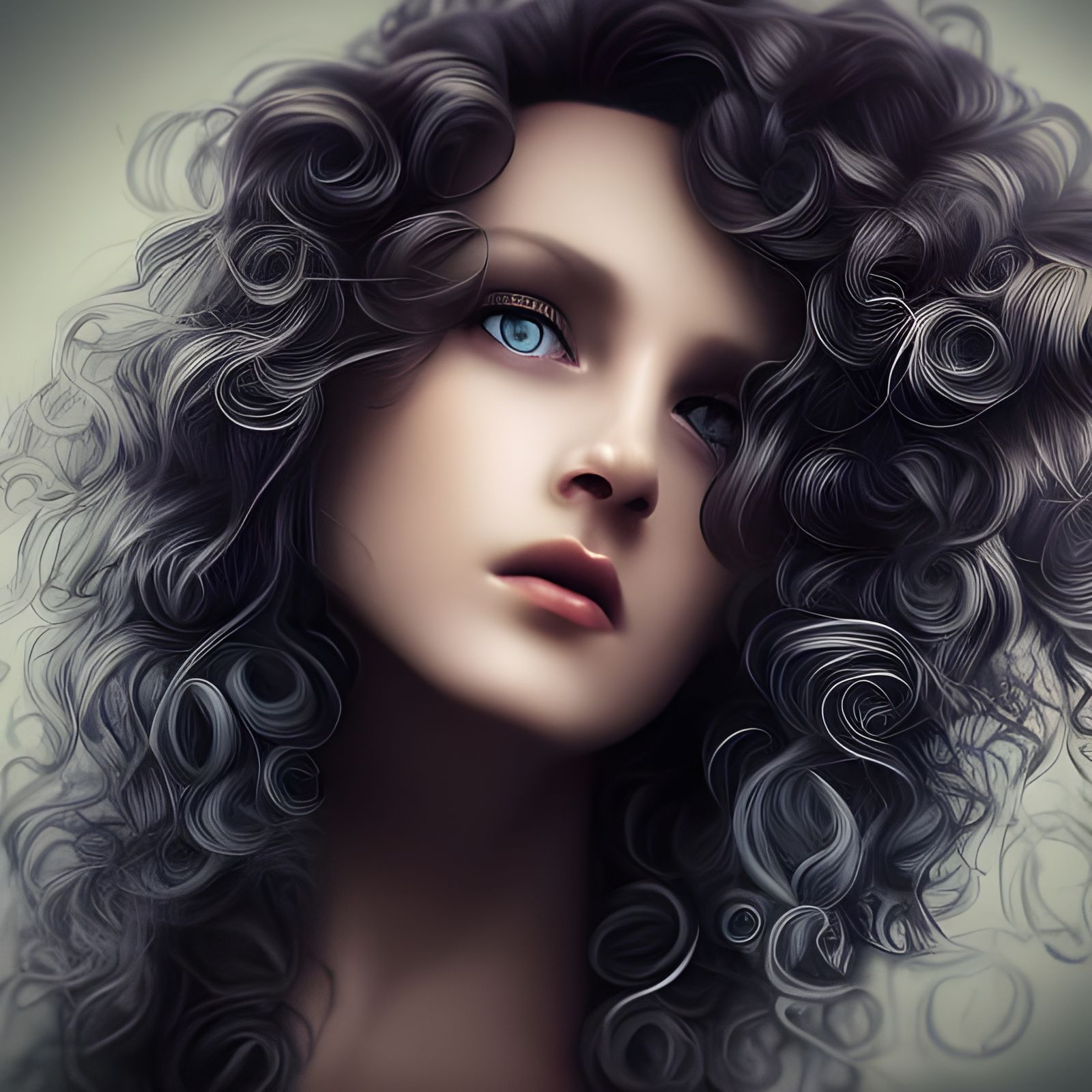 Most beautiful woman blue eyes long brown  curly hair symmet...