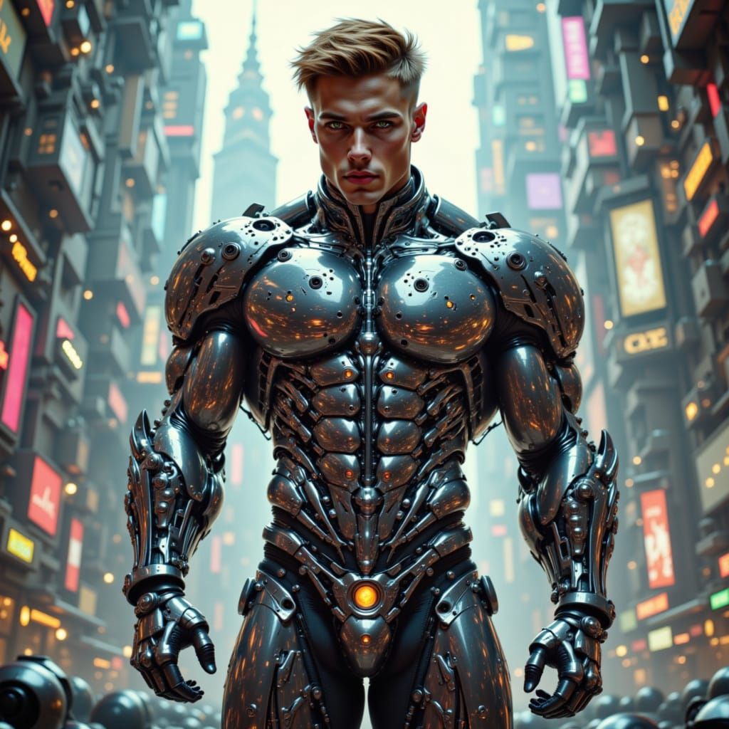 Handsome beautiful male brown hair bodybuilder , muscle fractals helix intricate celestial design chrome armor mecha arms futuristic etherea...