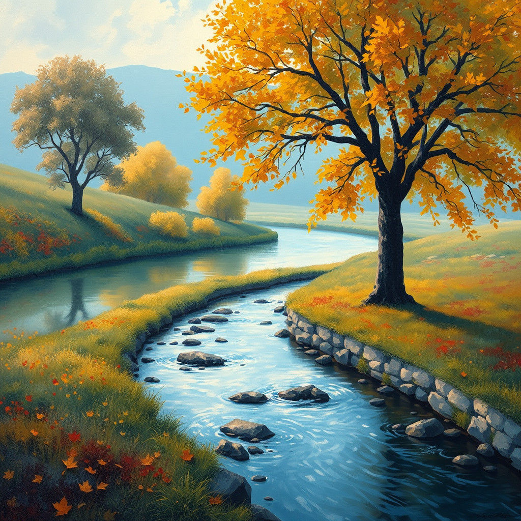 Impressionistic Autumnal Landscape with Winding Streams