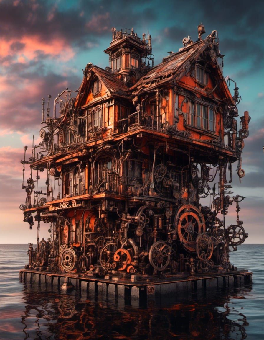 <lora:Mechanics:1.0> A beautiful beautiful crystal house. omega sun , orange sunset in cyberpunk city, sea , reflective , vibrant shiny colo...