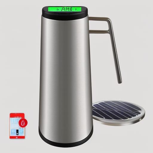 White thermos heater that heats water with a solar panel, stainless