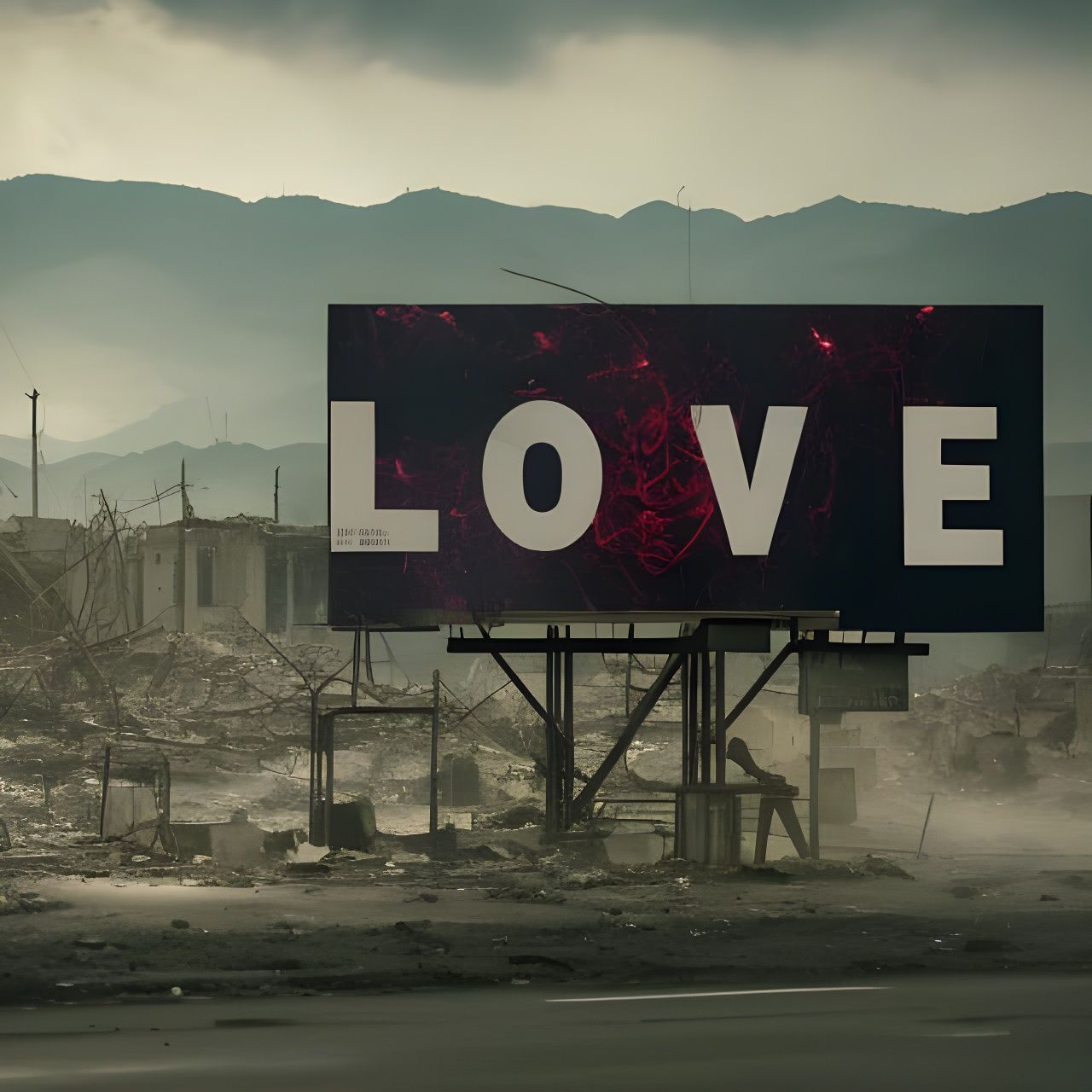 Billboard sign say "LOVE" in a devastated war area  by @SteAl