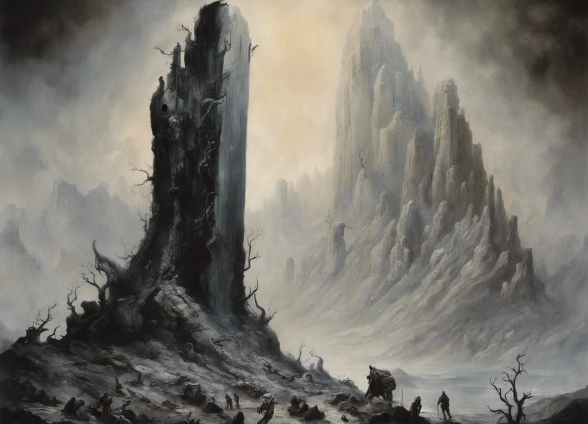 giant monolith in a mountainous Horror landscape. High contrast, by ...