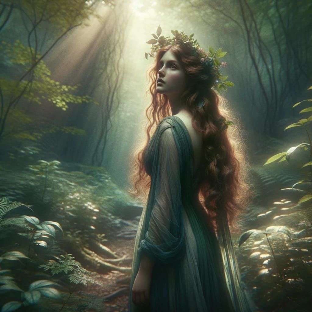 Pre-Raphaelite Brotherhood Goddess Seraphina stands amidst a lush ...