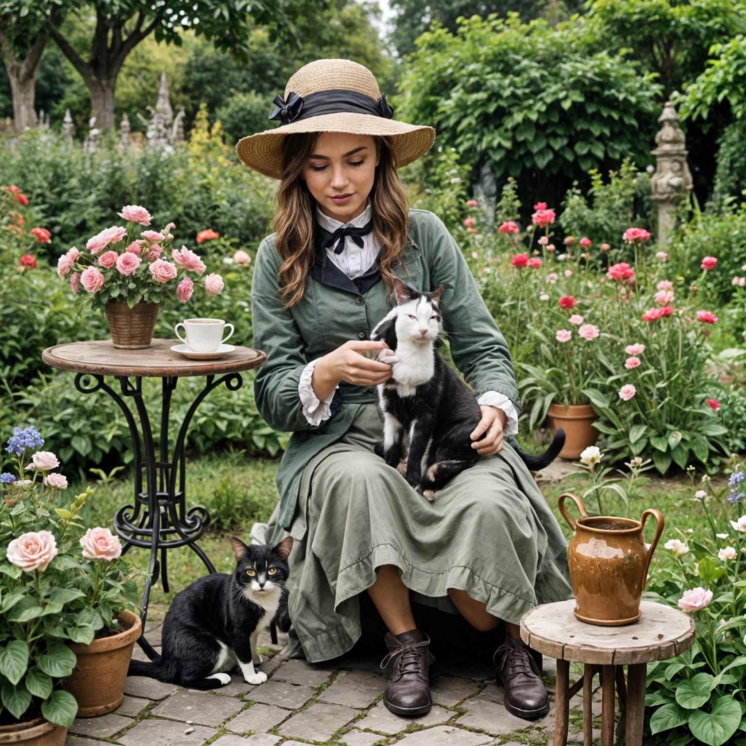 Femme style Victorien boit un café avec un chat sur ses genoux dans son jardin