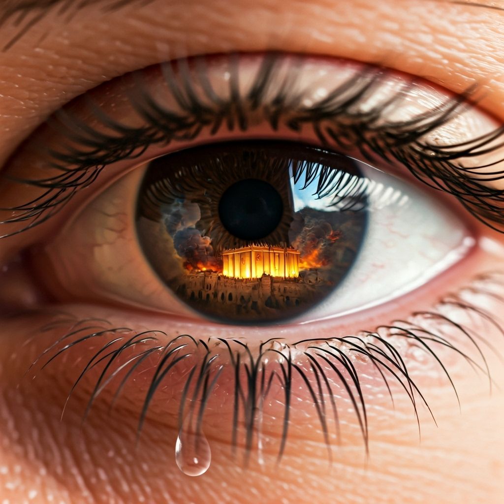 Burning Temple Reflected in Eye, Photorealistic Digital Art