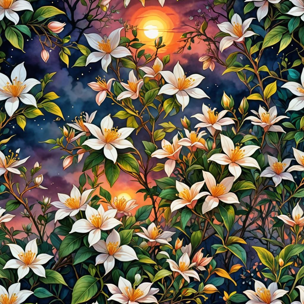 night blooming jasmine, ethereal, symbolic, illustration, ha...