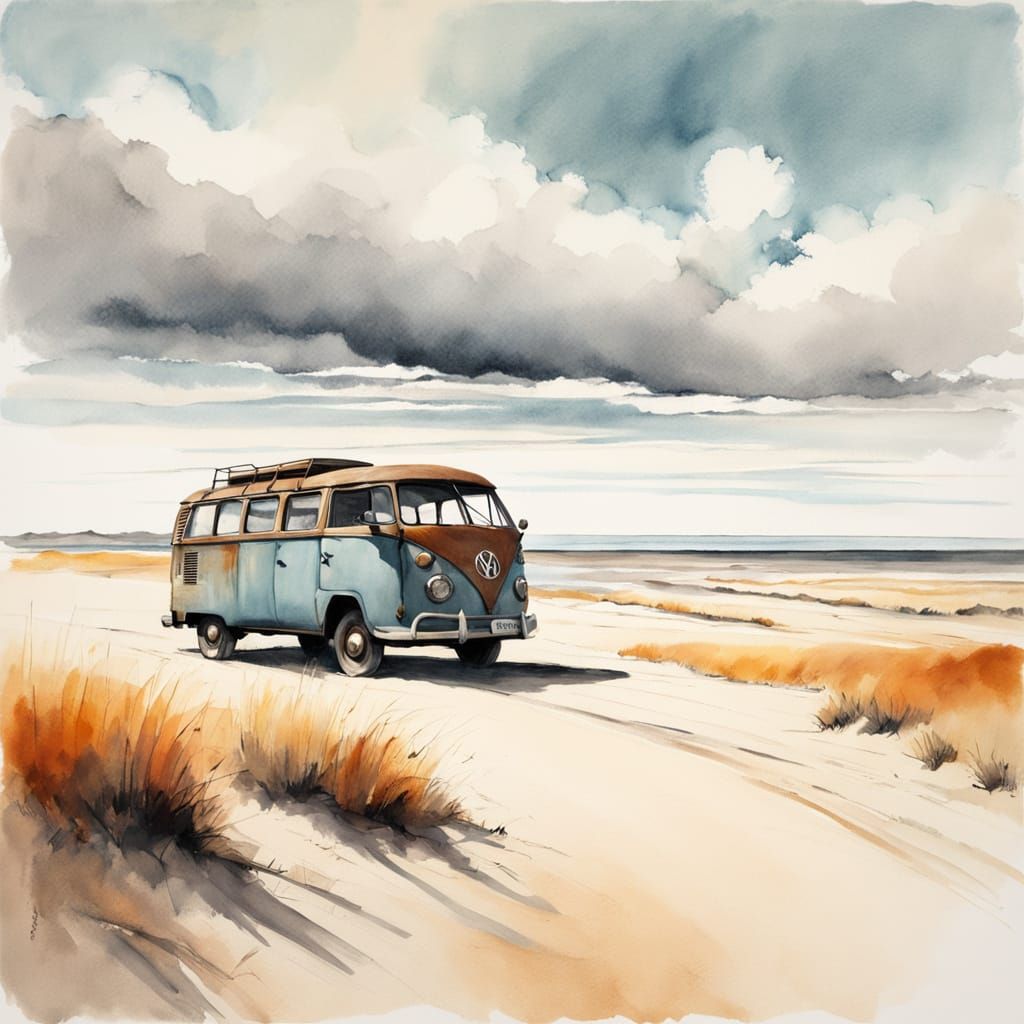 A watercolor painting in the style of Edward Hopper, showing a wide landscape with a rusted, vintage ...  by @CB
