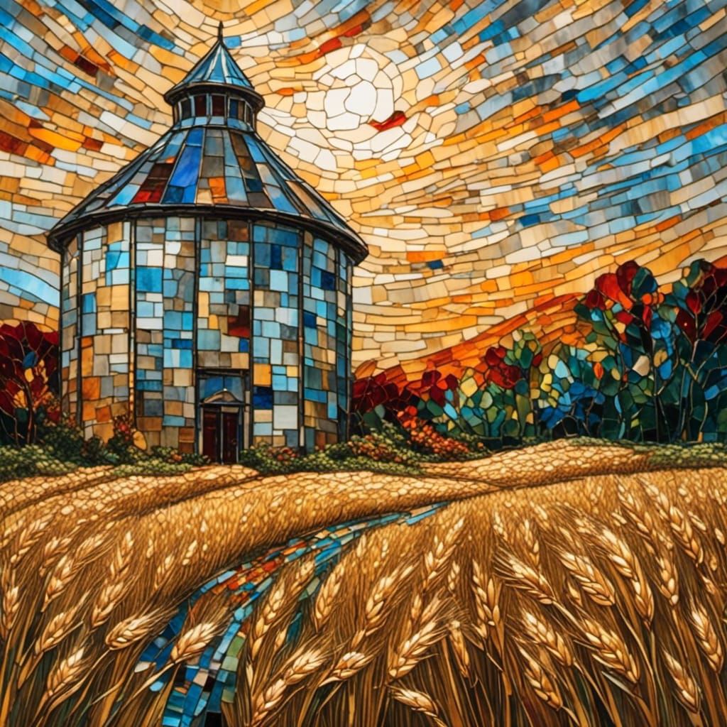 <lora:Stained Glass:1.0> A field of wheat and a grain silo