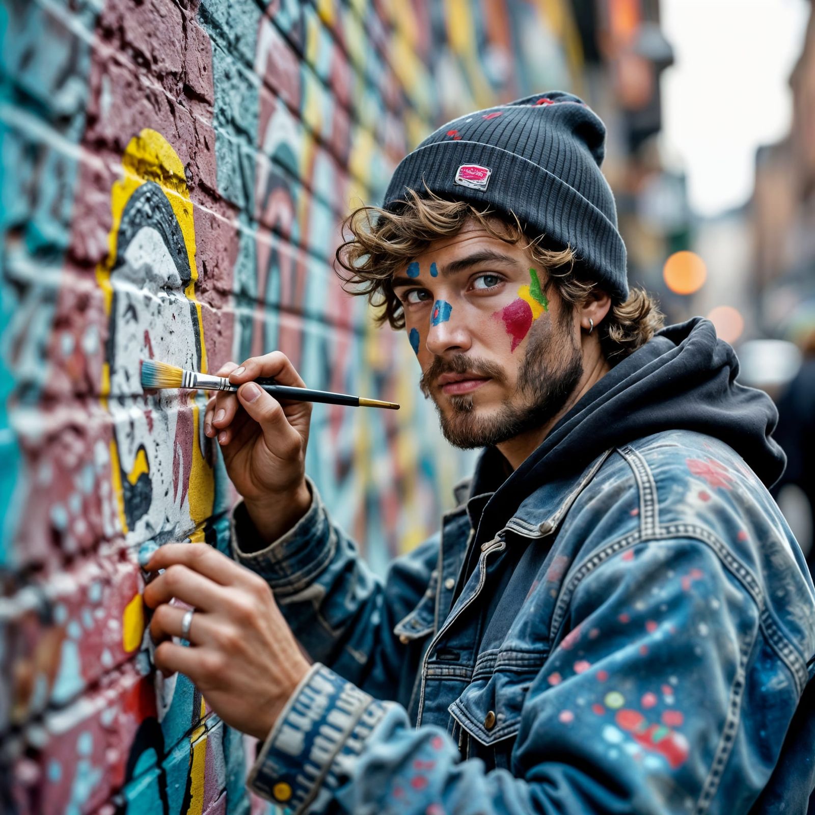 A close-up portrait of a street artist creating a vibrant mural on a brick wall. The artist's face is ...  by @Дарья Бортникова