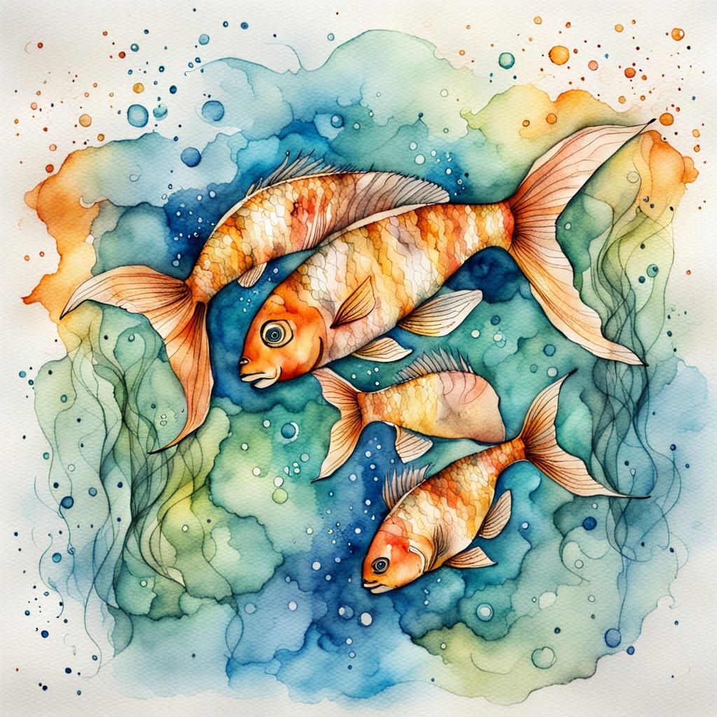Pisces zodiac sign, two fish, watercolor, pencil sketch, ink...
