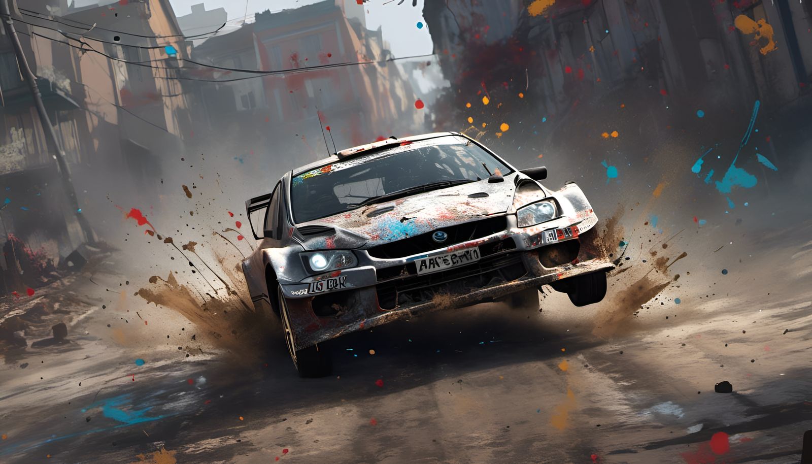 A <lora:Splatter Graffiti:1.0> action shot of a rally car dr...