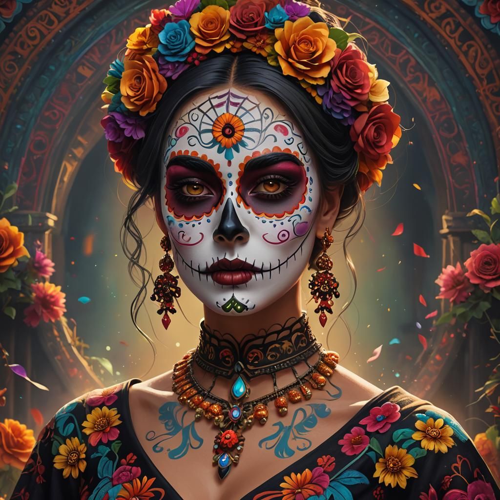 Medium Shot Of A Beautiful Woman Wearing Colorful Día De Los Muertos 