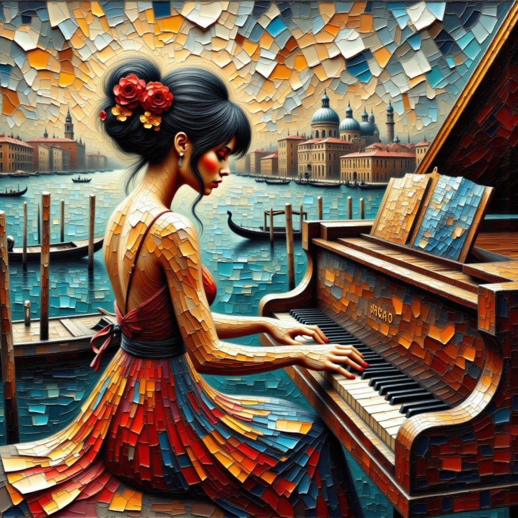 Art on cracked paper. The color palette is Alabaster, Rusty Red, Dark Taupe, Baby Blue, Strong Cyan and Gunmetal. 3D, deep focus, 8k. Mixed ...