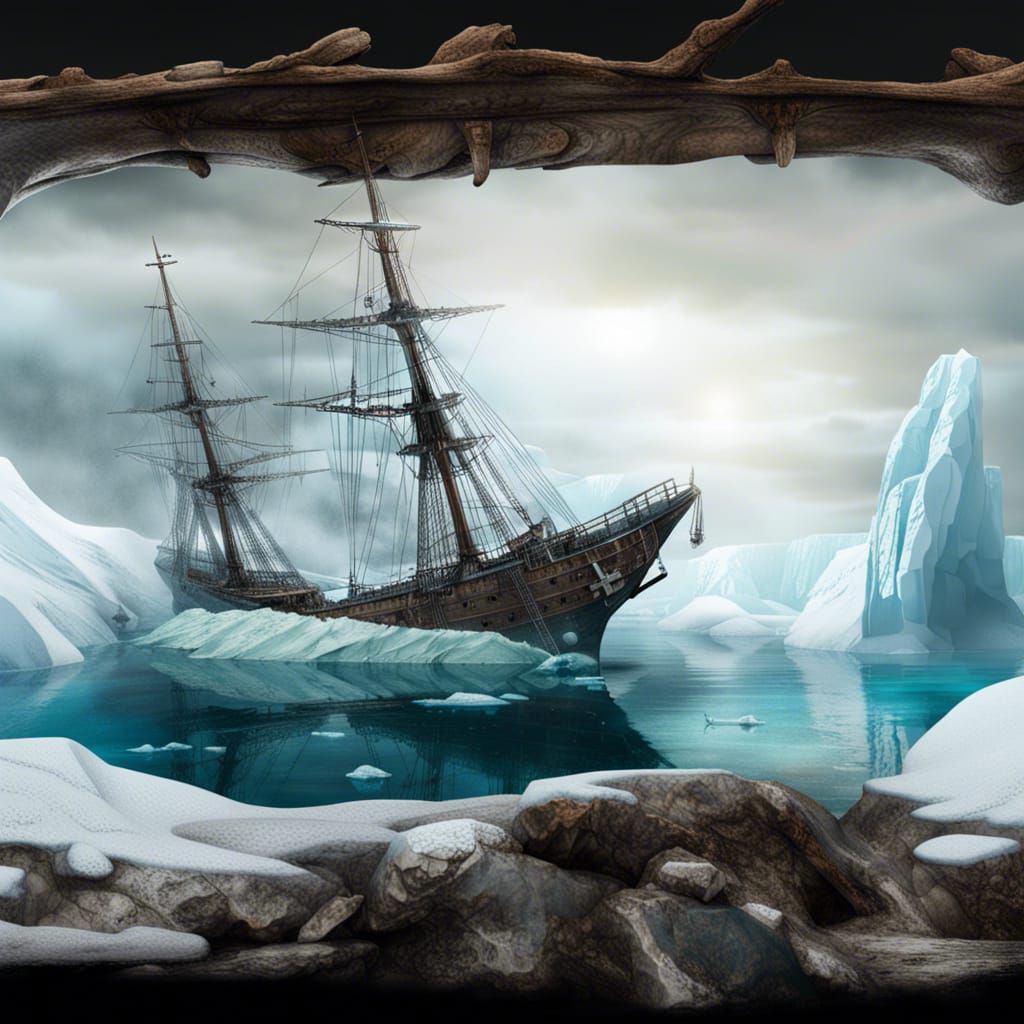 Antarctic Exploration Shipwreck with icy waters.