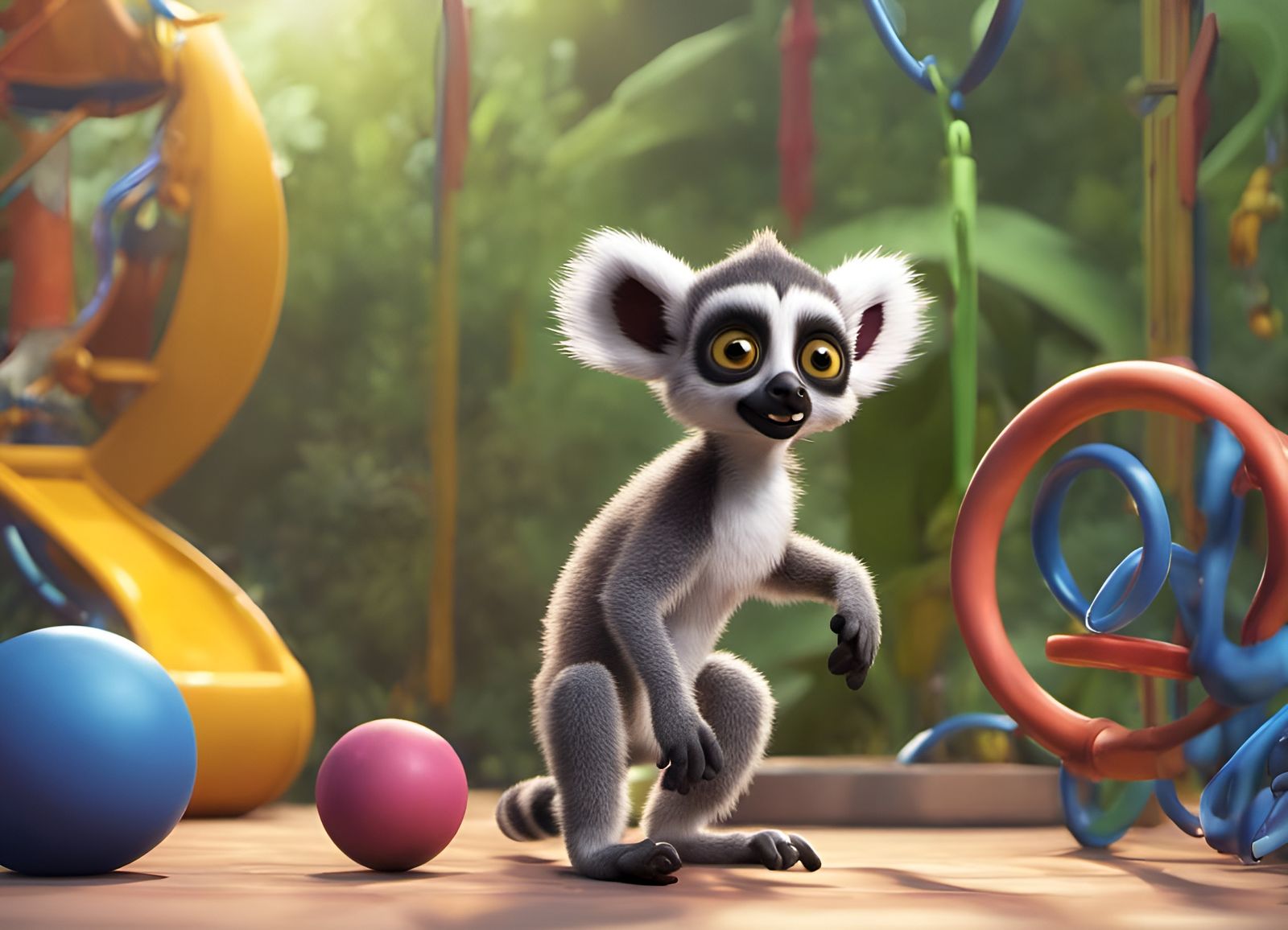 A young ring-tailed lemur on the playground.