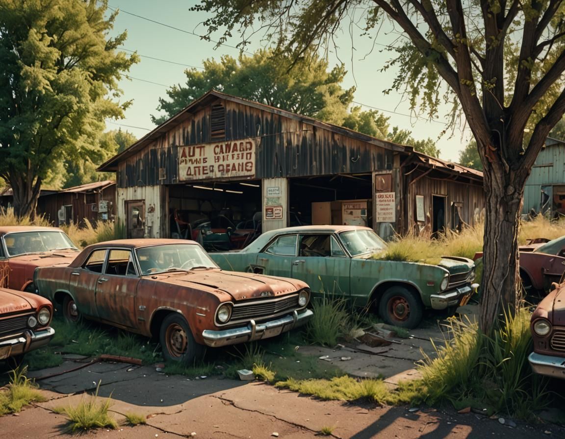 Auto repair garage abandoned for many years, unkept, tall grass, the remains of 1930's & 40's cars some intact litter the outside of the old...