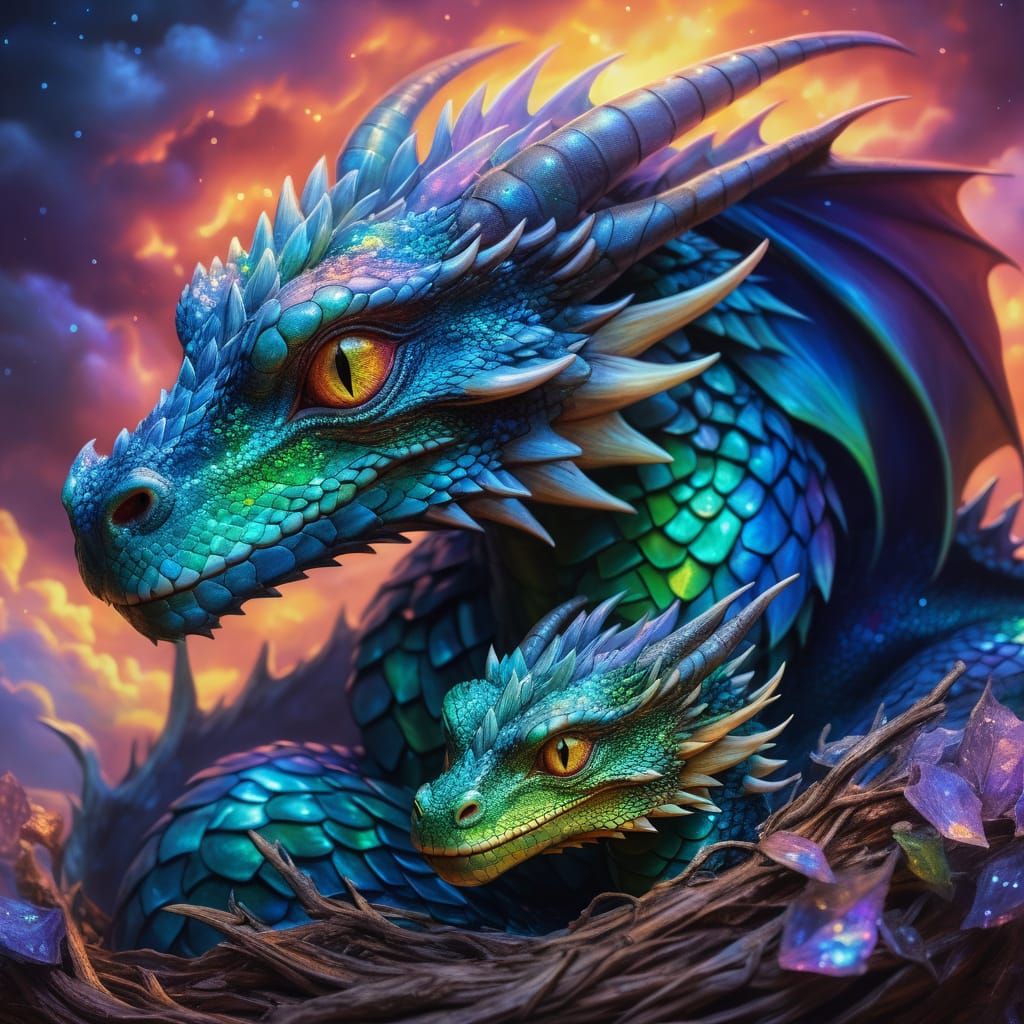  a mother dragon tenderly cradling her baby dragon in a cozy nest   by @Nuts