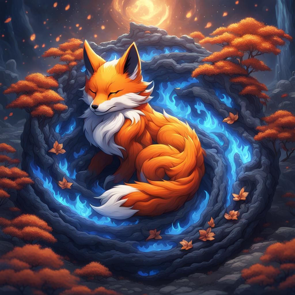 Adorable kitsune curled up napping around blue flame