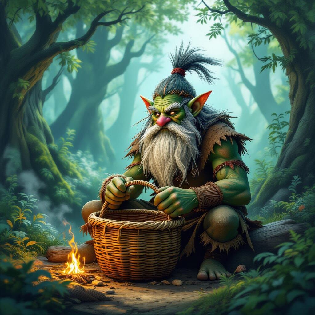 A troll making homade weaven baskets in the middle of a beautiful mysterious forest