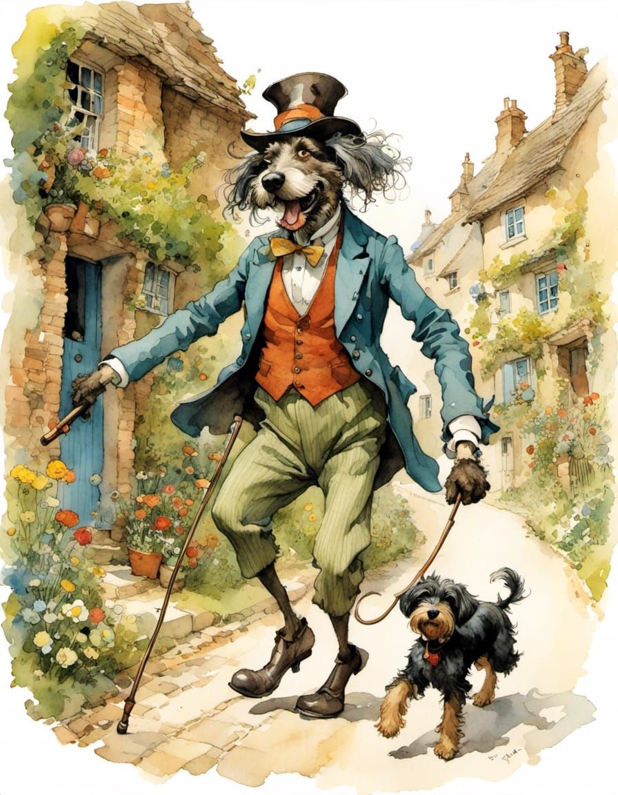  <lora:Eccentric_1:1.0>He is dancing down the lane with his shaggy puppy and a cane