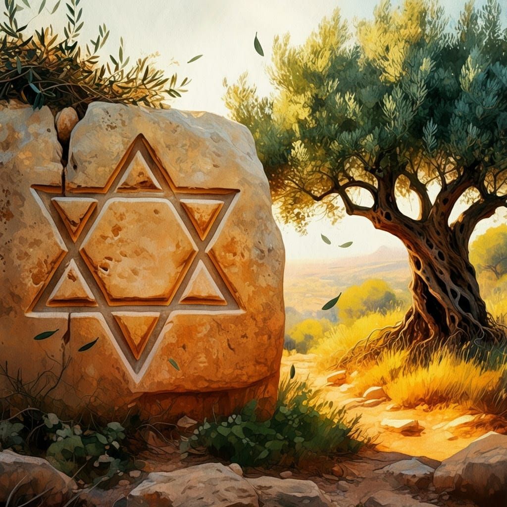 Star of David and Olive Tree in Watercolor