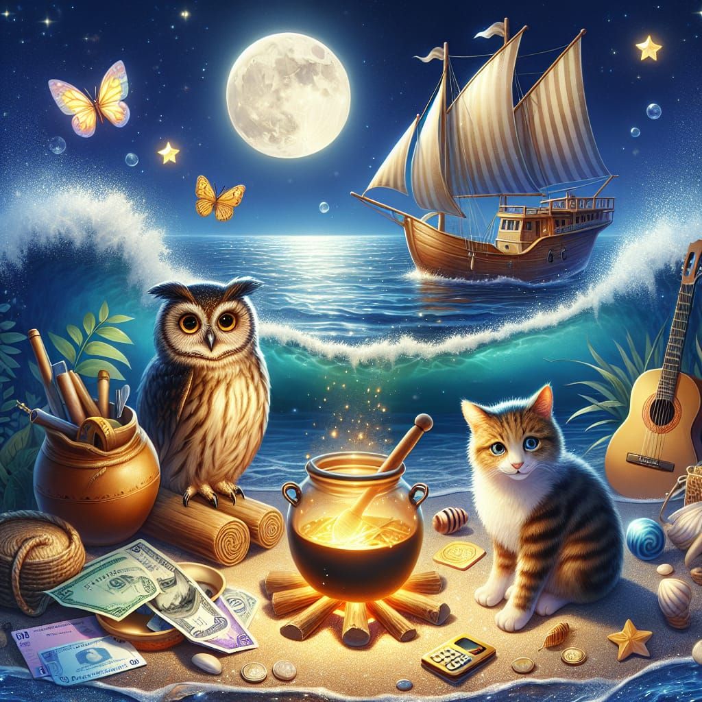 Magical Ocean Night Scene with Owl and Cat
