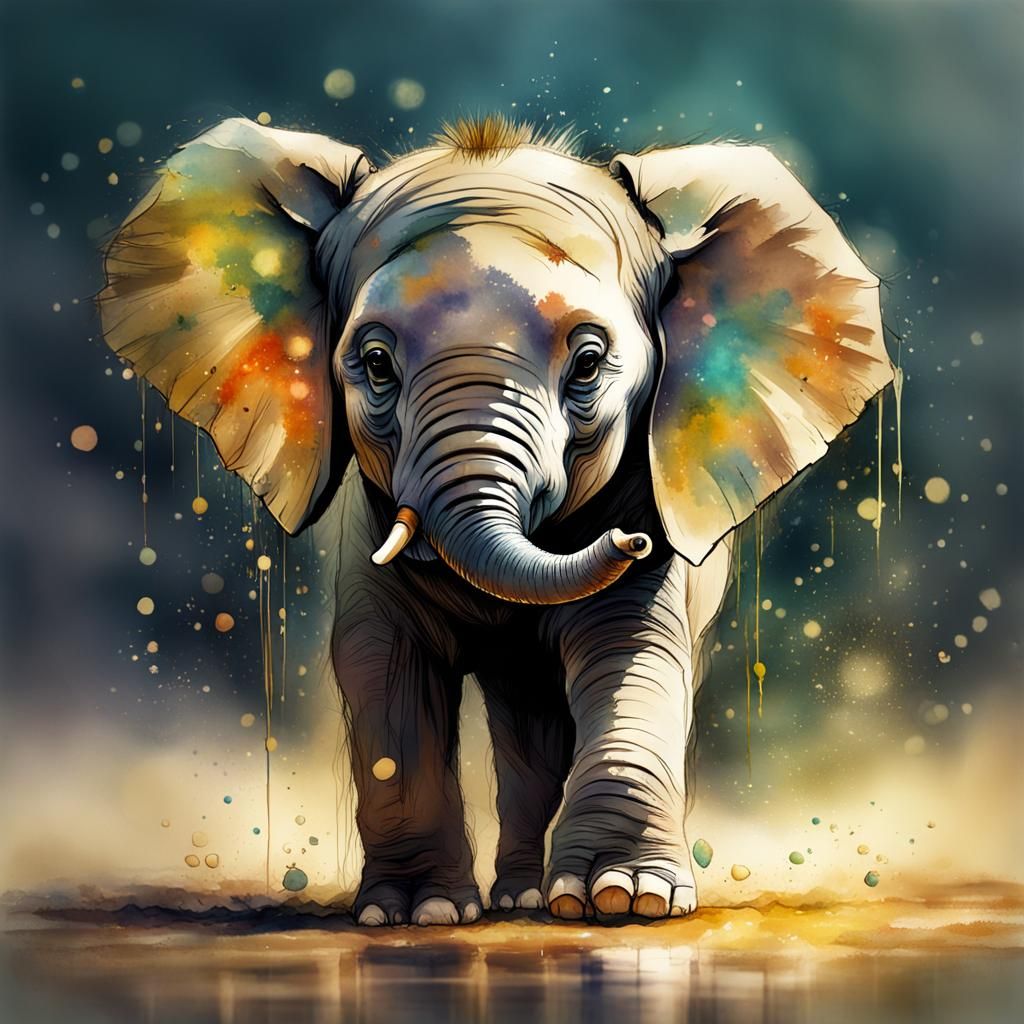 Small baby elephant, very cute and sweet, kawaii, dynamic li...