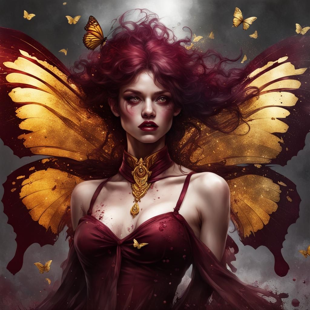 Burgandy And Gold Butterfly Gorgeous Witch, Witch Burgandy And Gold Of