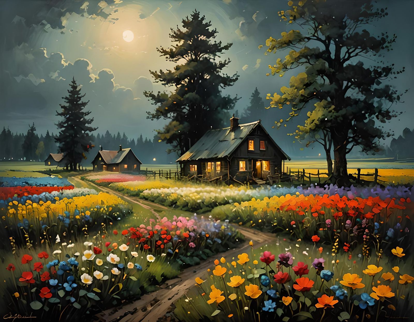 A flower field under a moonlight  by @Hinty