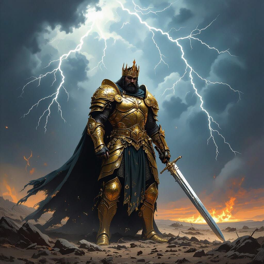 ancient king in golden armor, standing alone on a battlefield, holding a broken sword, storm clouds and lightning, epic fantasy art.”