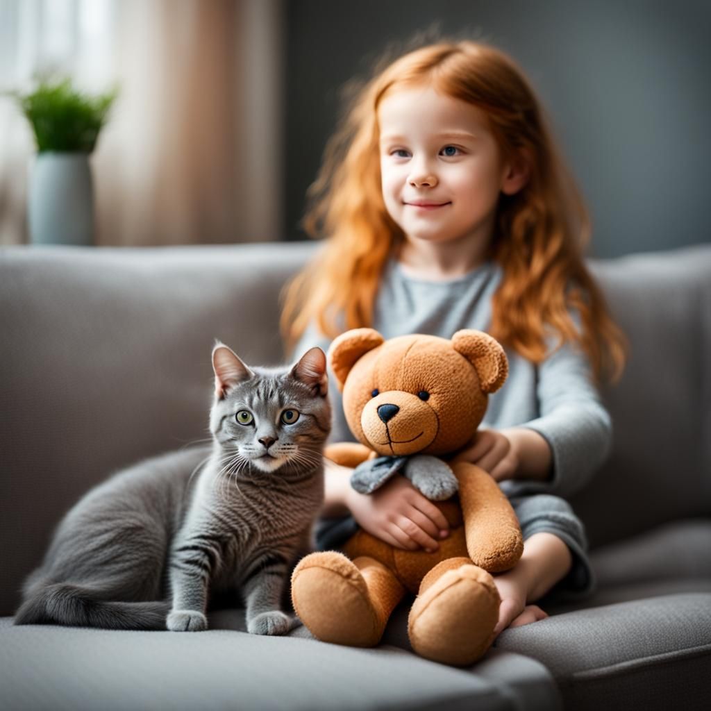 There is a little ginger girl sitting on the sofa. She is ke...