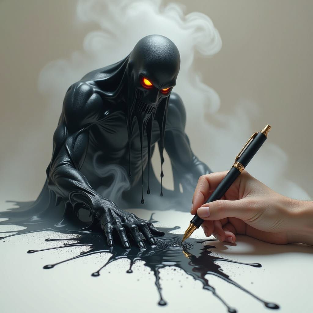 On a sheet of paper lies an ink pen, spilling black ink. From the spreading puddle rises a dark monstrous figure with a huge gaping mouth an...