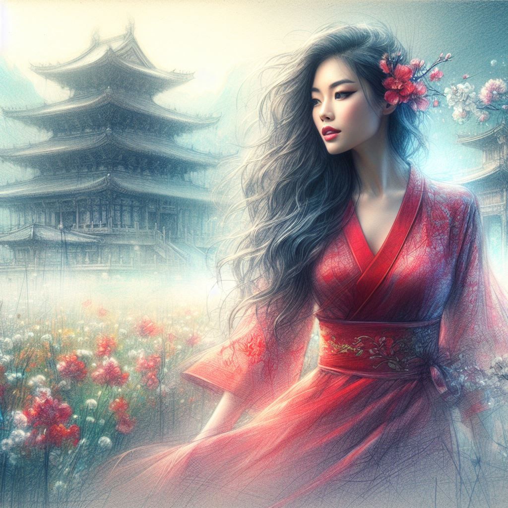 Pencil Sketch of a Beautiful Asian Woman