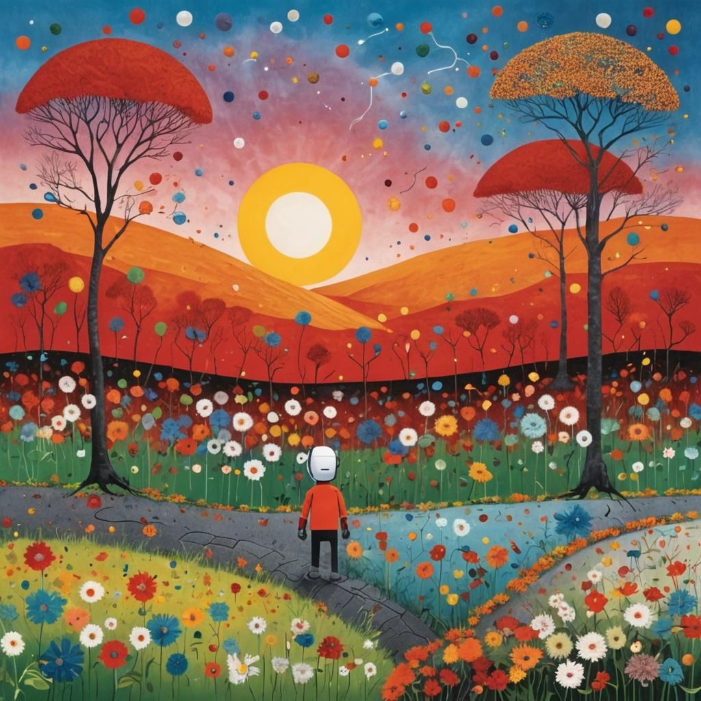 artwork in the style of Howard Finster, Ingrid Baars, Andrew Ferez, Eileen Agar, intricately detailed, whimsical;  trees, hills, lake, sunri...