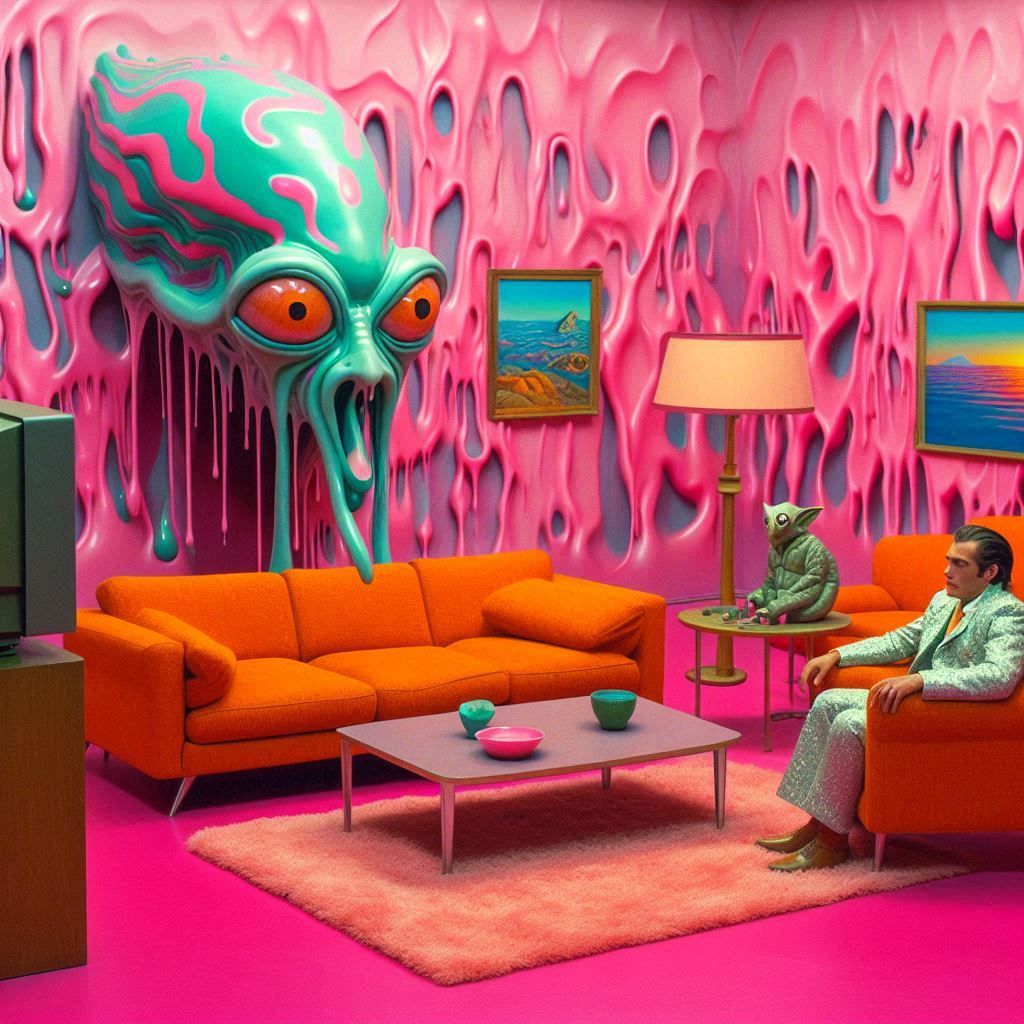 Scene from a liminal space type retro style living room, walls are ...