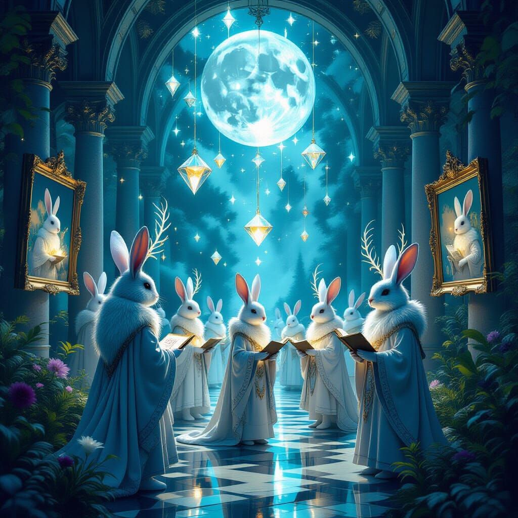 An enchanted gallery set in a grand, surreal museum floating above a glowing moonlit forest, where each ...  by @Eug Belchevsky