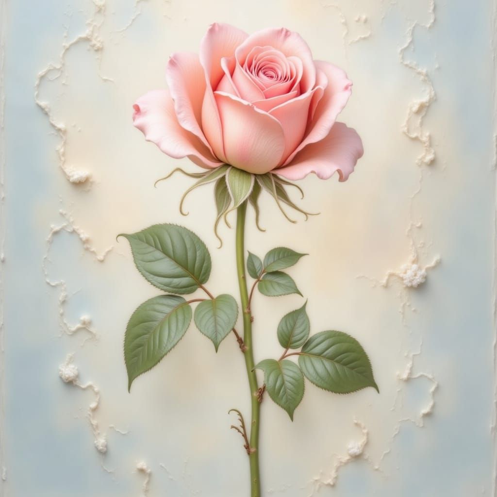 A single stalk of pink roses rendered in photorealistic detail, with soft, natural petals and lifelike leaves on a vivid green stem. The bac...