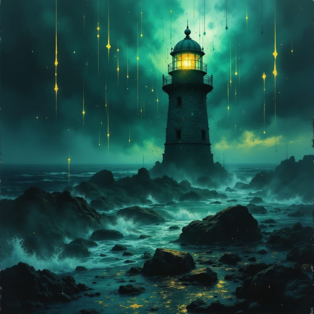 Gothic Lighthouse Amidst Electric Storm with Vampire