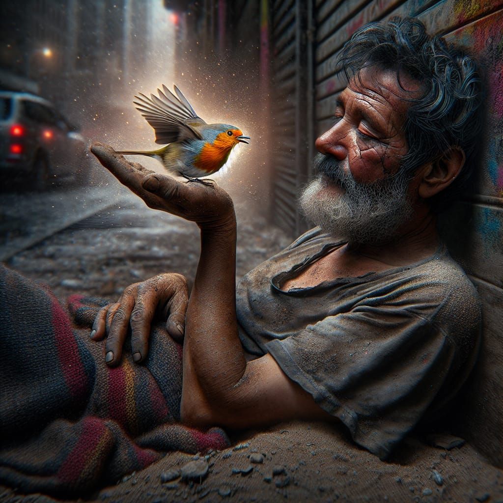 a homeless man. he sleeps lying on the side of a dirty sidewalk. his right hand is outstretched in a ...  by @Kocar