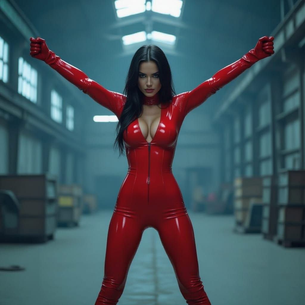 A lone female spy, in a red latex catsuit is captured and bound in chains