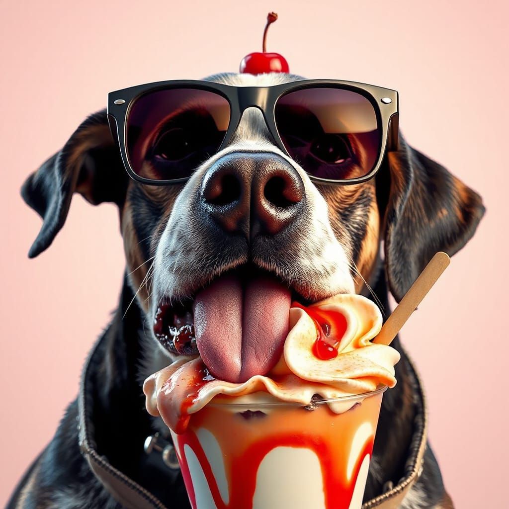 Dog in Sunglasses Licking Ice Cream Sundae