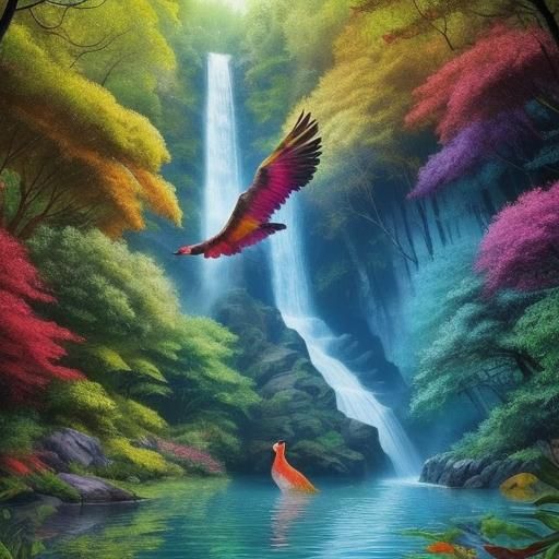 colourful in water fall and forest and flying big birds