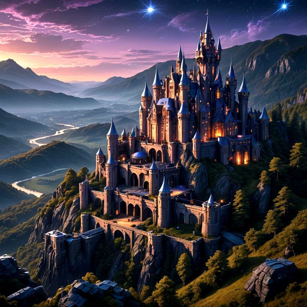 Epic Sci-Fi Castle Under Starry Night Sky