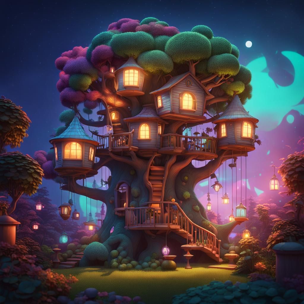 Surreal Treehouse in Night Garden: 3D Digital Art